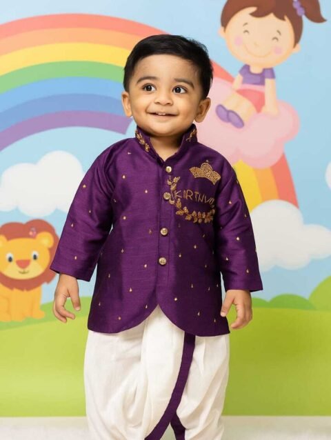 Baby Boy Purple Dhoti Kurta Set with Aari Embroidery, Raw Silk Traditional Outfit