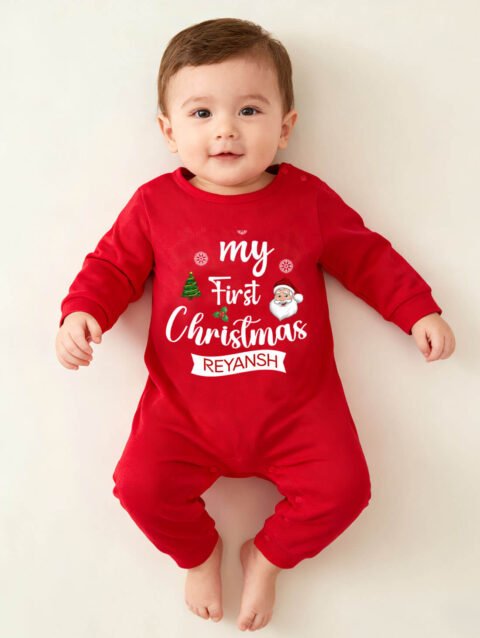 My First Christmas Printed Red Full Sleeve Newborn Baby Romper Outfit Clothes