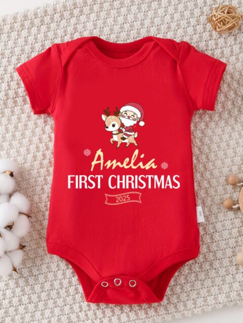 Custom Baby's First Christmas Onesie, Red Christmas baby Outfit Online