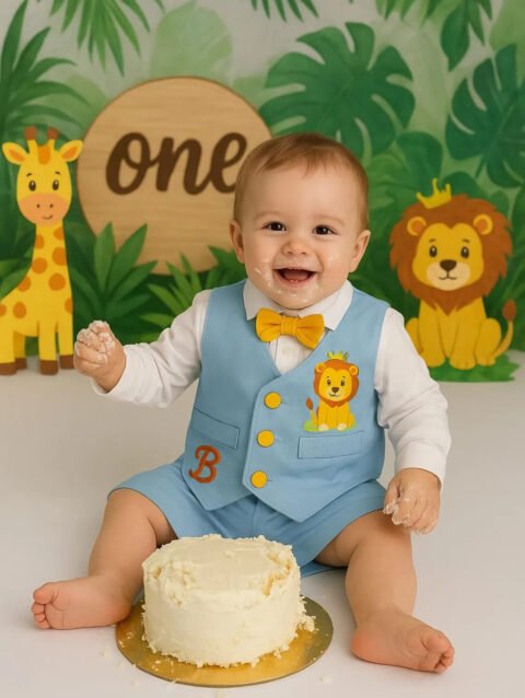 Sky Blue Waistcoat Set for Baby Boys, Cotton Party Wear Outfit for First Birthday
