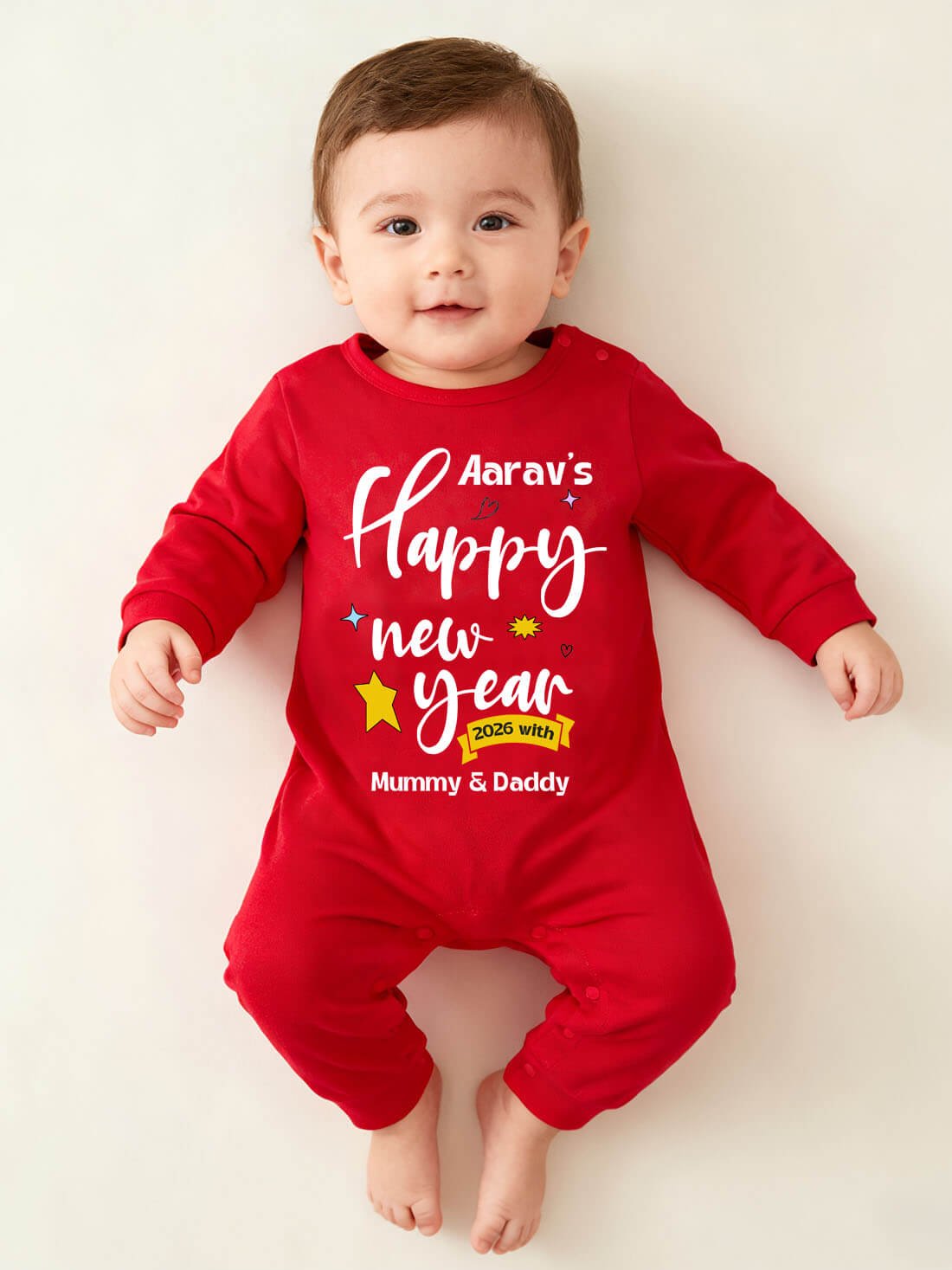 Personalized New Year outfit for newborn baby with parents theme design