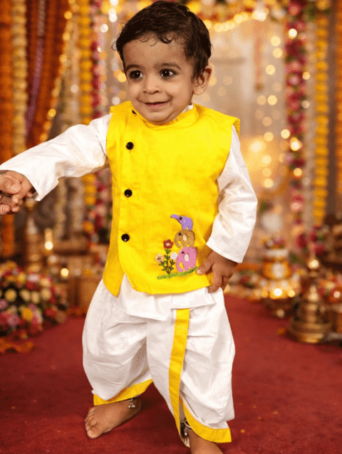 Baby Boy Yellow Dhoti Kurta Set with Elephant Embroidered Jacket Online