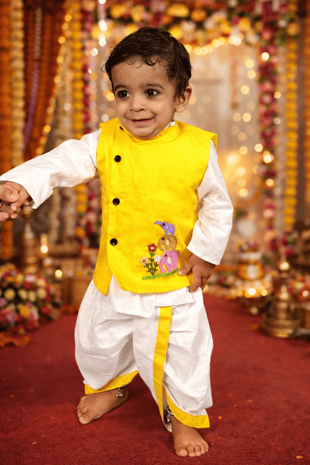 Baby Boy Yellow Dhoti Kurta Set with Elephant Embroidered Jacket Online