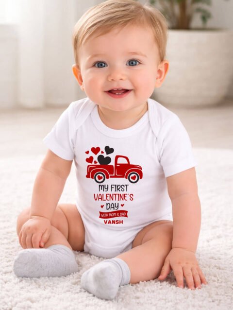 First Valentine’s Day baby romper personalized for newborn