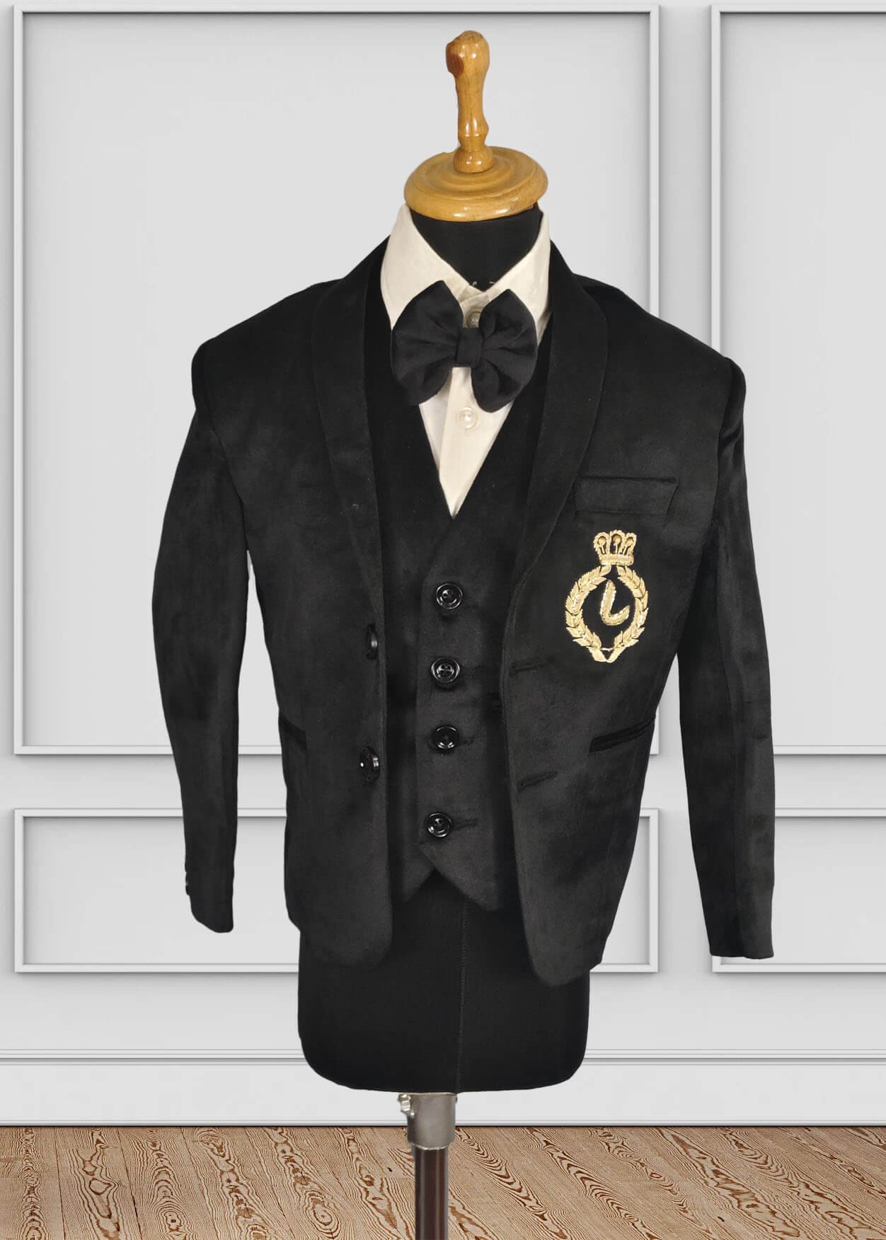 Black Velvet Baby Boy 1st Birthday Suit 5 Piece Outfit, Kids Black Velvet Tuxedo Suit