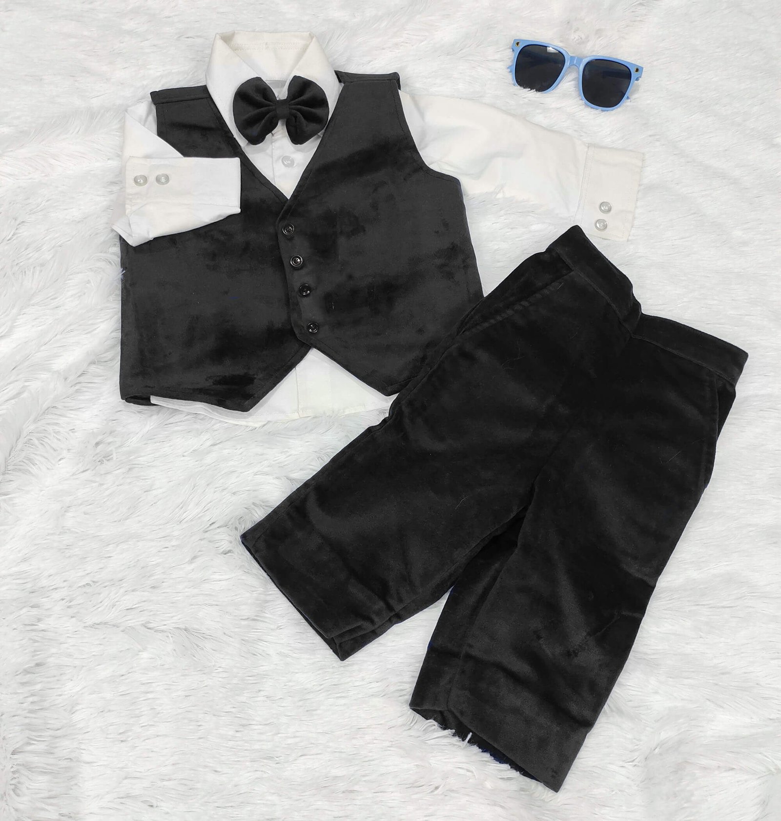 Baby Boy Black Velvet Tuxedo Suit for First Birthday