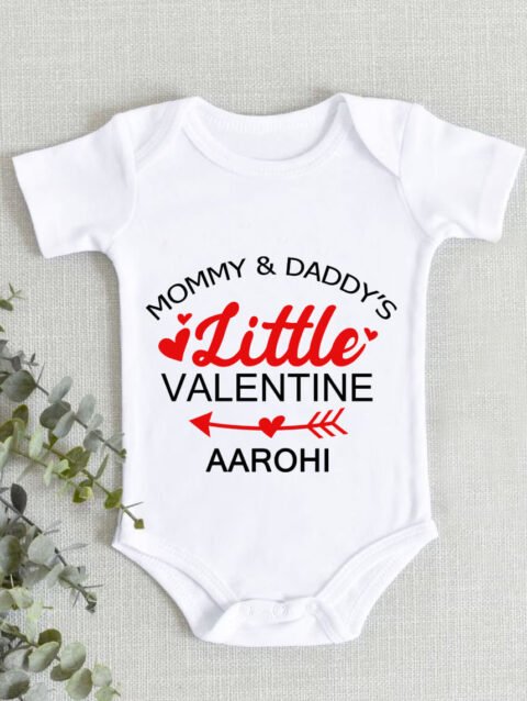 Valentine baby onesie outfit with mommy and daddy’s little valentine print