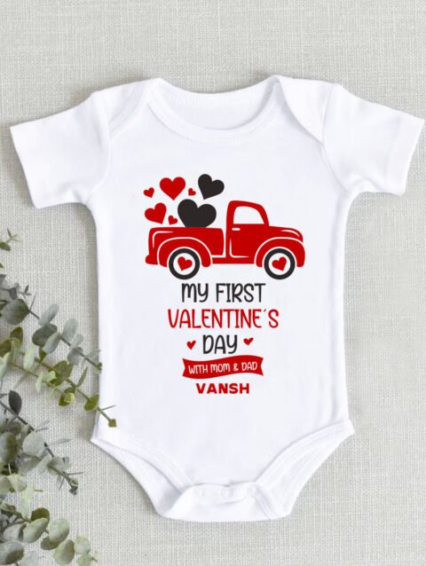 Baby first Valentine outfit customized printed outfit, Valentine baby onesie