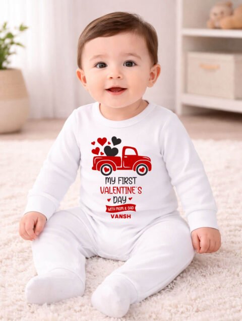 Custom name First Valentine’s Day with Mom and Dad baby jumpsuit/romper