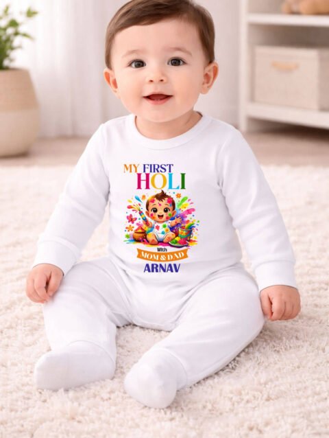 First Holi With Mom And Dad Printed Baby Jumpsuit