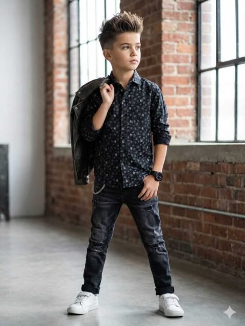 Boys Black Floral Cotton Shirt, Kids Casual Party Shirt, Boy Clothing