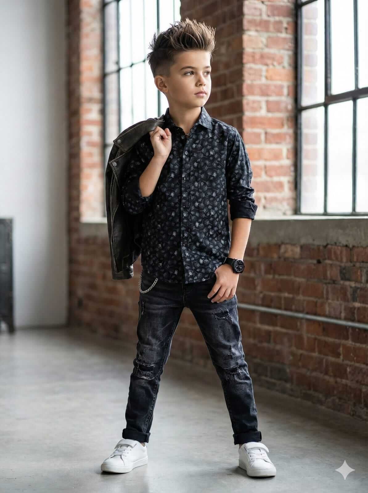 Boys Black Floral Cotton Shirt, Kids Casual Party Shirt, Boy Clothing