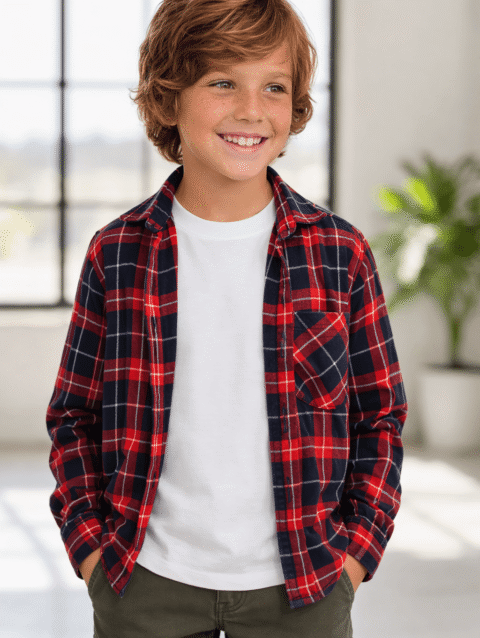 Long Sleeve Boys Red & Black Checked Plaid Button Down Shirt