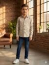 Boys Beige Floral Cotton Shirt, Toddler Boy Button Down Shirt