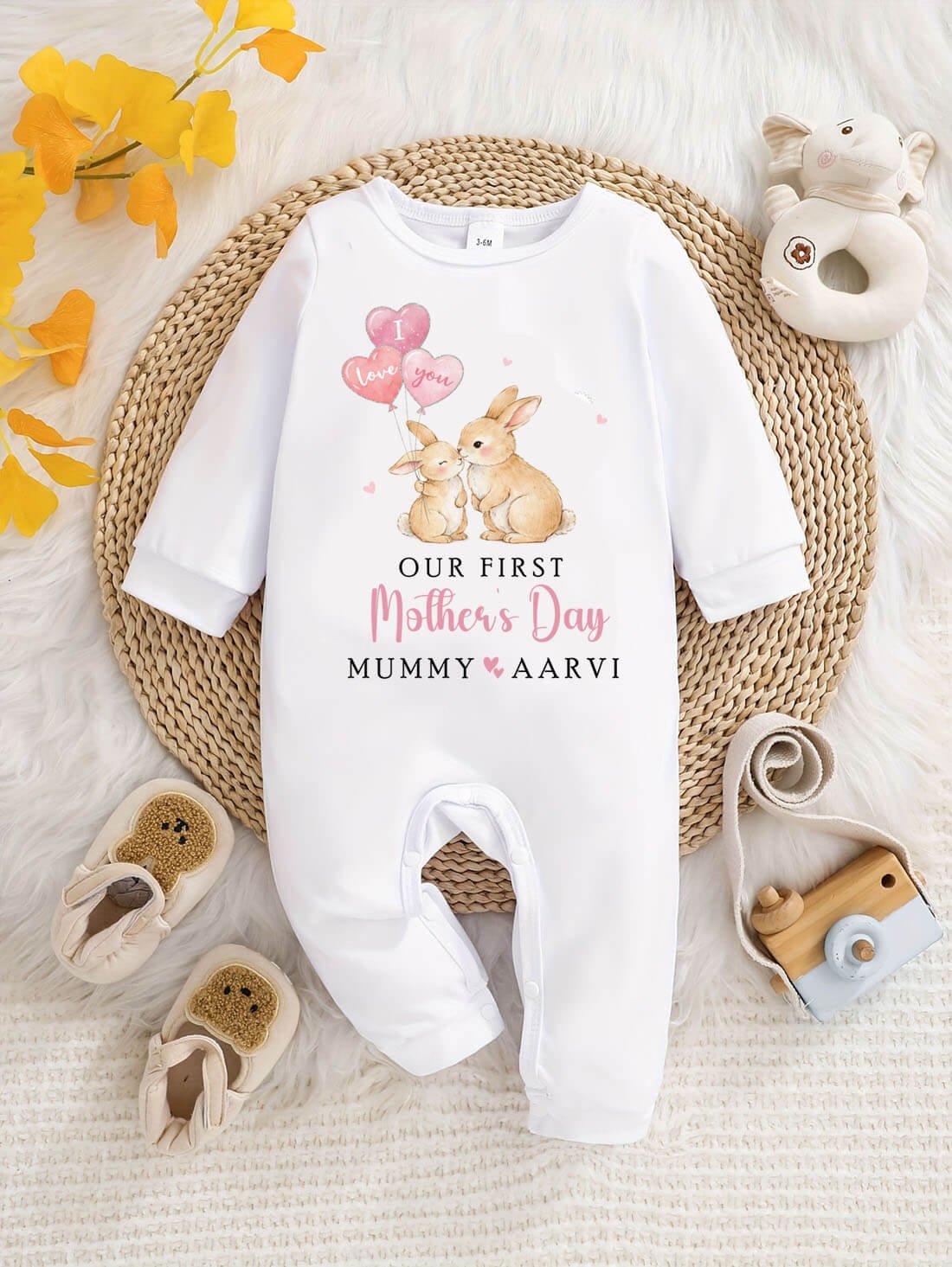 Personalized Our First Mother’s Day Bunny Print Jumpsuit