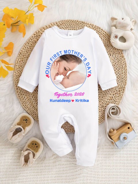 Our First Mothers Day Jumpsuit with Baby Photo and Name