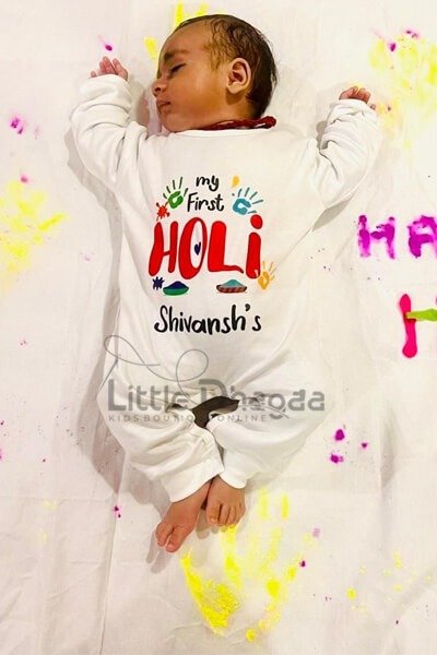 Baby My First Holi White Romper With Customized Name