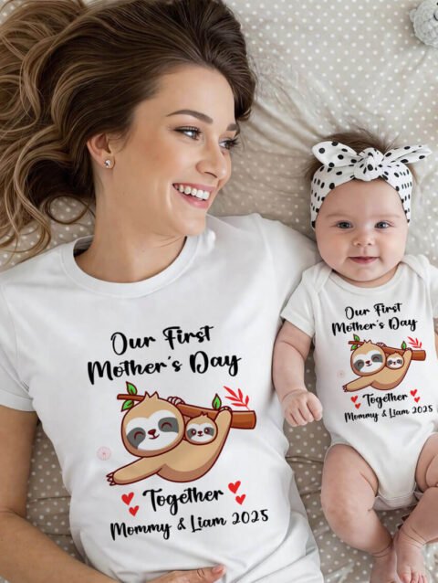Matching Mom & Baby First Mother’s Day Personalized T-Shirts, Custom baby Onesie