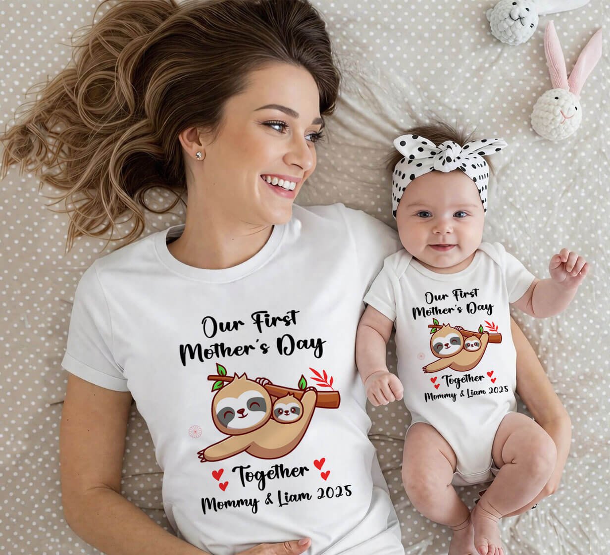 Matching Mom & Baby First Mother’s Day Personalized T-Shirts, Custom baby Onesie