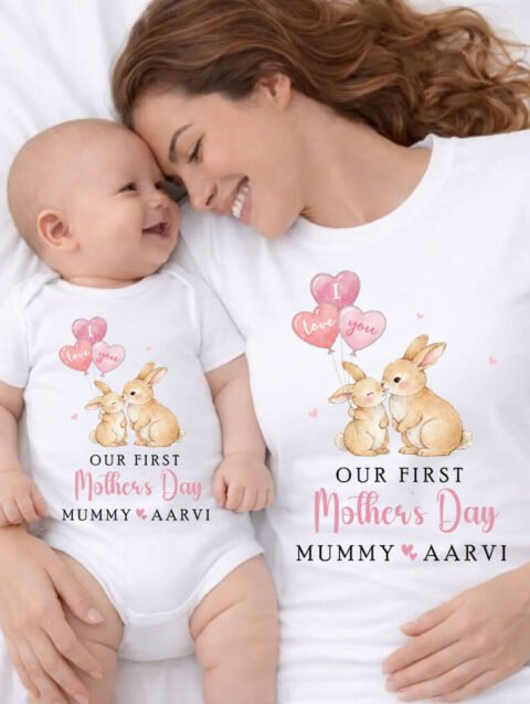 Personalised Matching Our First Mothers Day T-shirt and Baby Oneie