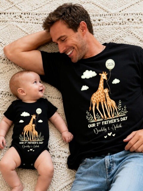Custom First Fathers Day Daddy Baby Giraffe Print Tshirt Outfit