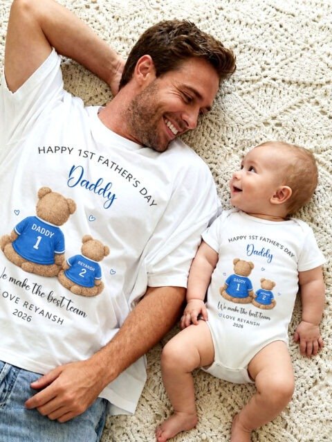 Personalized happy 1st Father’s Day Daddy & Baby Matching T-Shirt and Onesie set