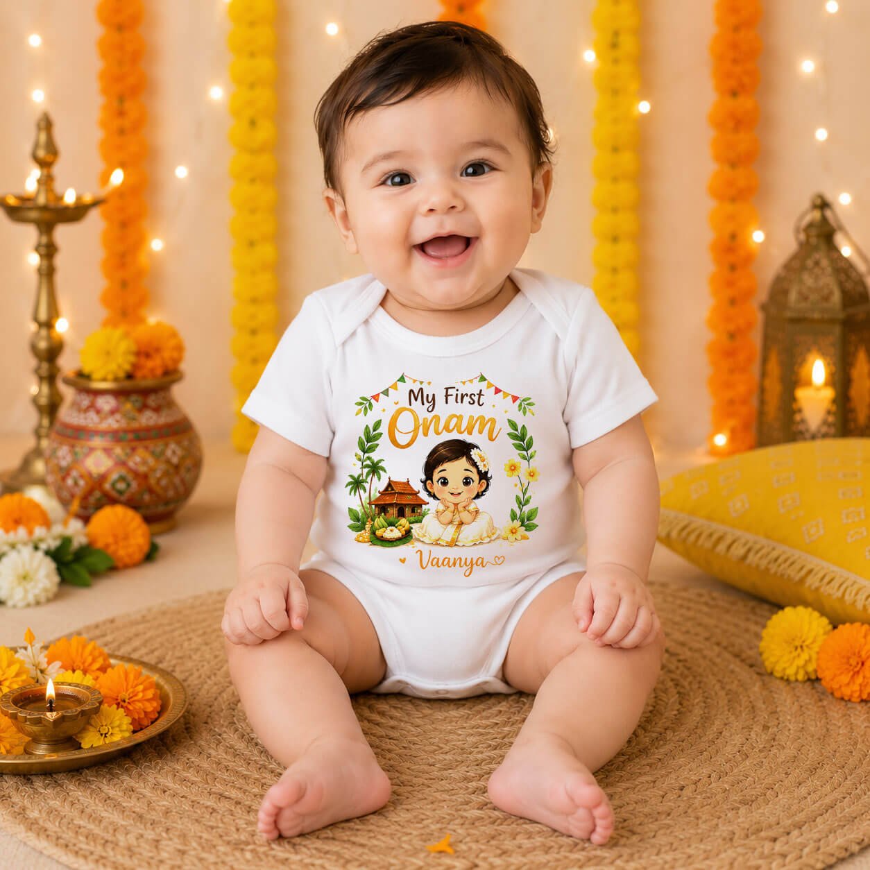 Cotton onesie perfect for first Onam photoshoot and family celebration