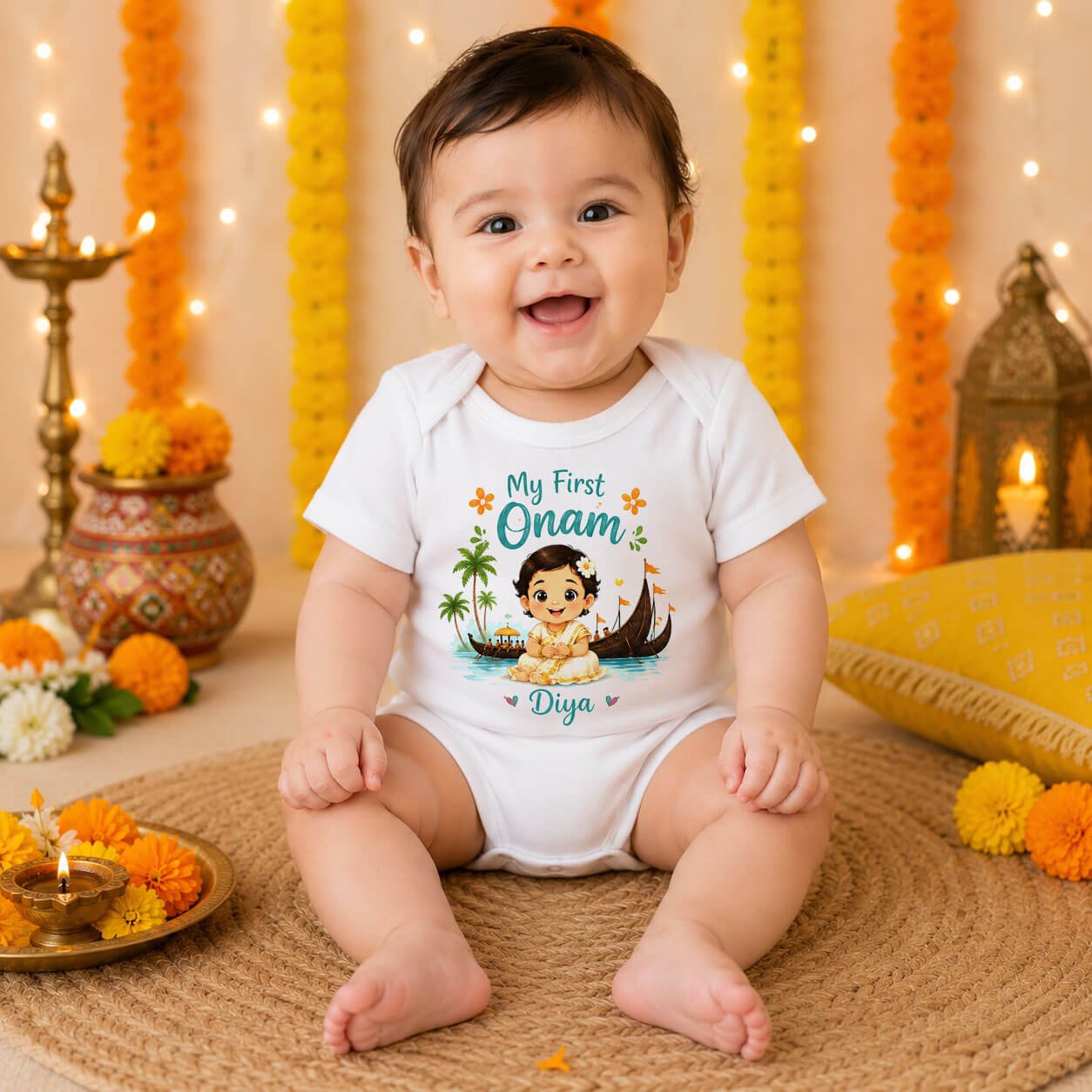 Custom My First Onam Romper Bodysuit Onesie for Baby Girl