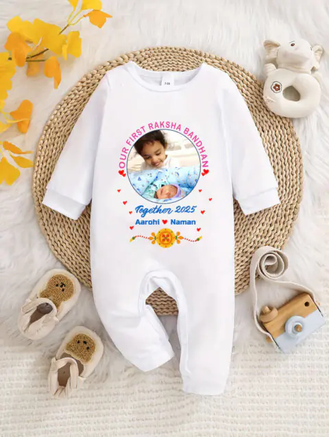 Our First Rakhi Together Customized Photo Jumpsuit , Rakhi Baby Gift