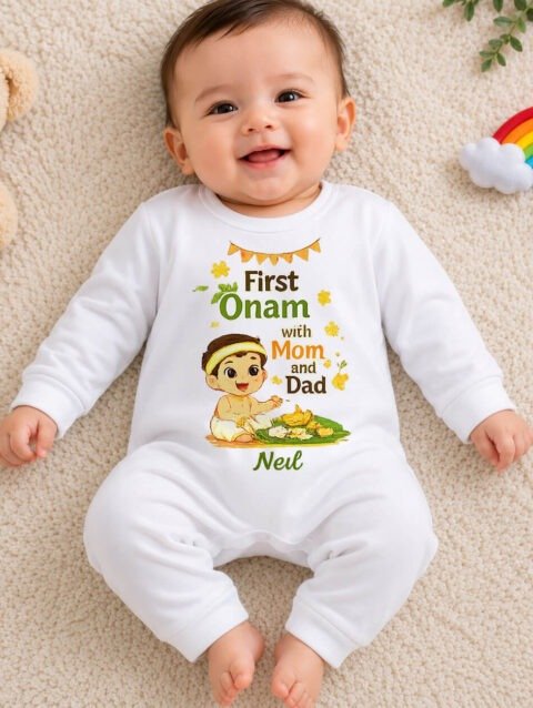 Customised First Onam Baby Jumpsuit With Mom & Dad