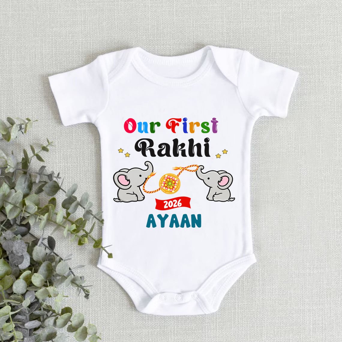 Cute Elephant Print Our First Rakhi Personalized Onesie, Bodusuit, Romper