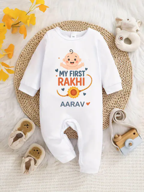 Personalised My First Raksha Bandhan Printed Baby Jumpsuit