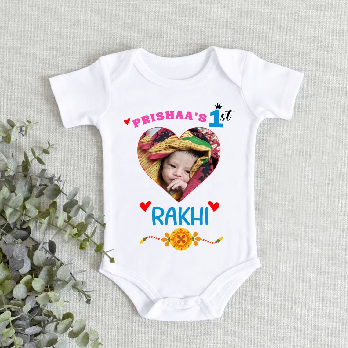 Custom My 1st Rakhi Photo Bodysuit Onesie for Newborn Baby Boy and Girl
