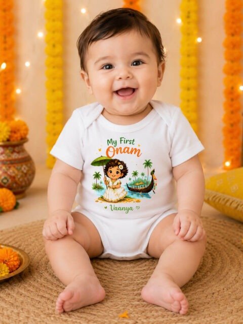 Newborn Baby Girl Personalized My First Onam Bodysuit, Onesie, Romper