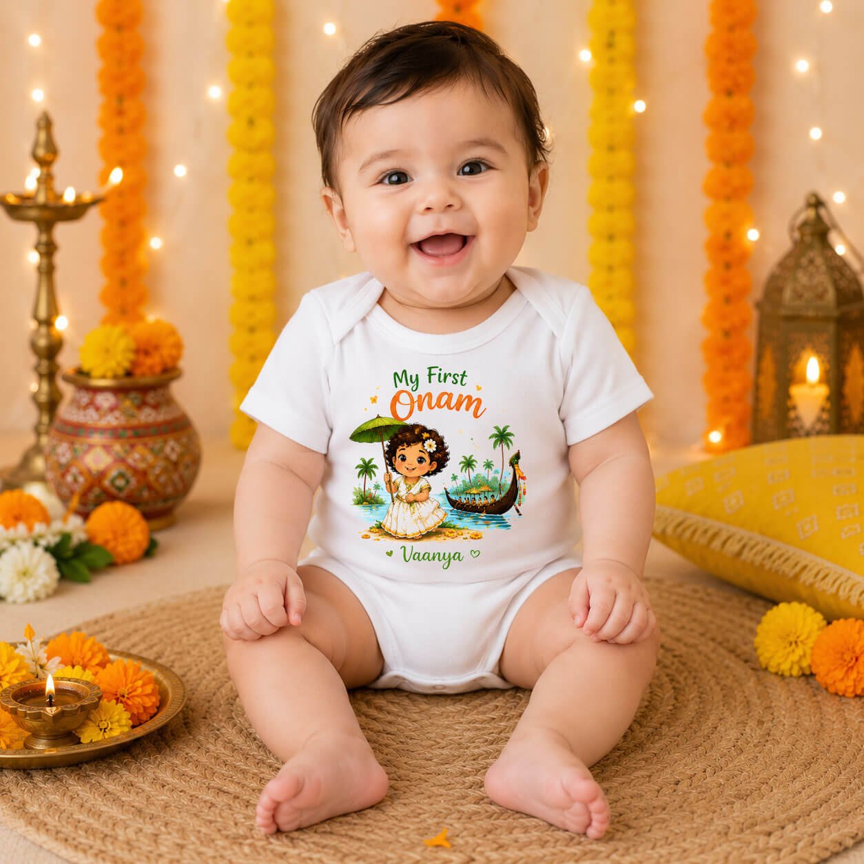 Newborn Baby Girl Personalized My First Onam Bodysuit, Onesie, Romper
