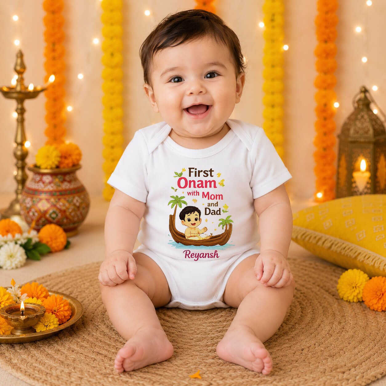 Personalized Baby Boy First Onam Outfit With Mom & Dad Romper