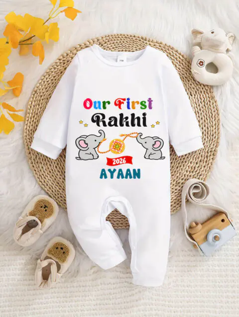 Our First Rakhi Personalized Baby Jumpsuit, Custom Name Baby Romper