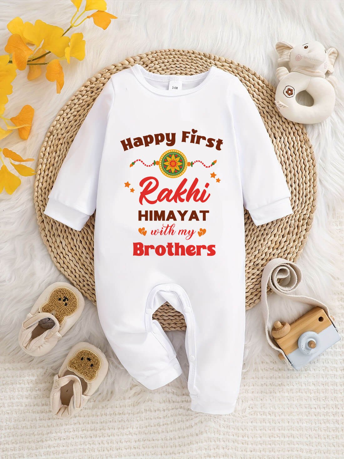 Custom First Rakhi with My Brother Baby Jumpsuit Online India