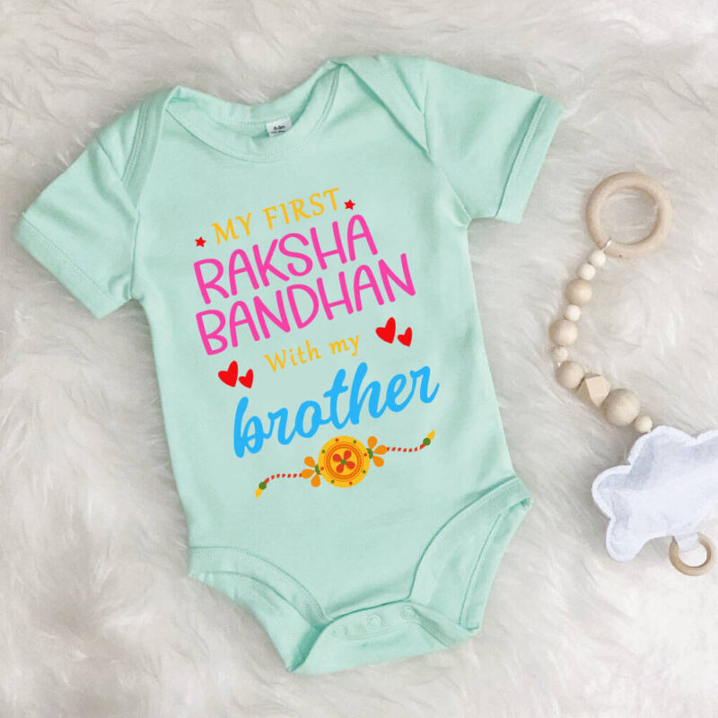mint color Rakhi baby onesie, Rakhi Romper
