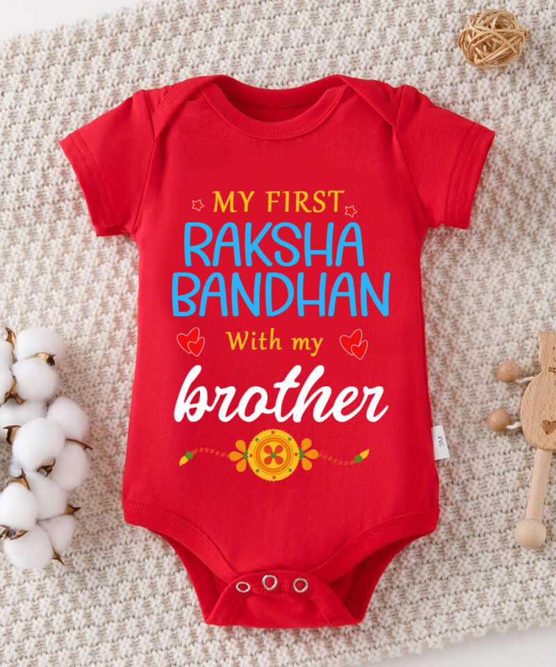 Red Color First Rakhi Romper, Baby Boy Bodysuit