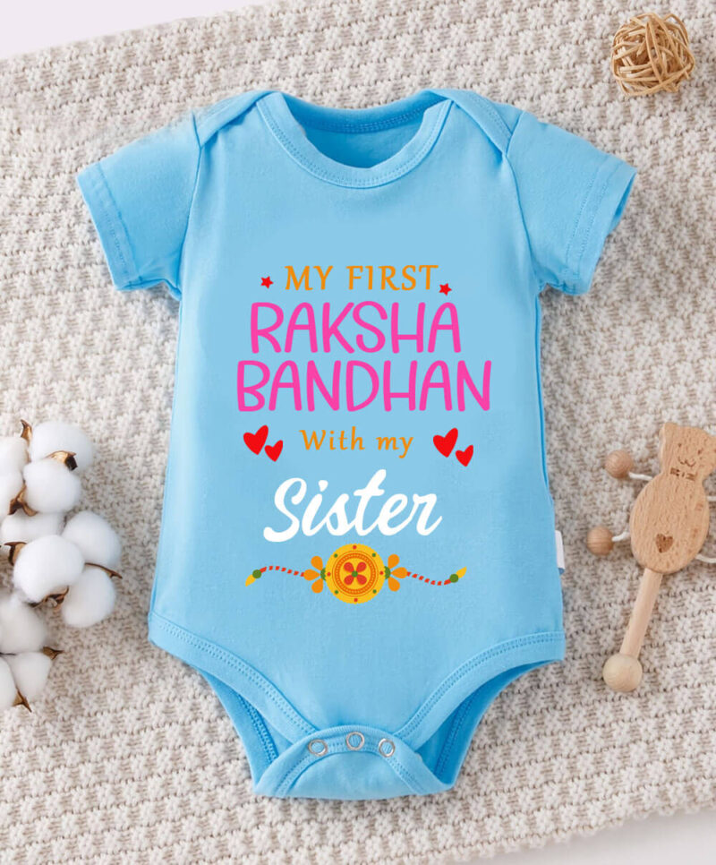 First rakhi romper for brother, Sky blue color baby romper