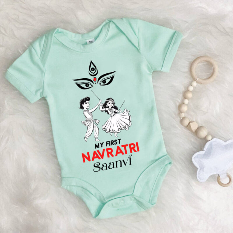 My First Navratri baby onesie in white cotton for girls