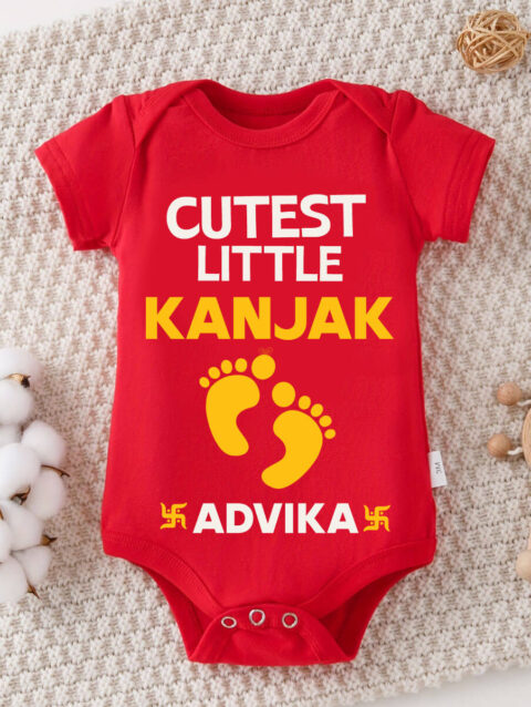 Red Infant romper with Cute Little Kanjak design for Navratri