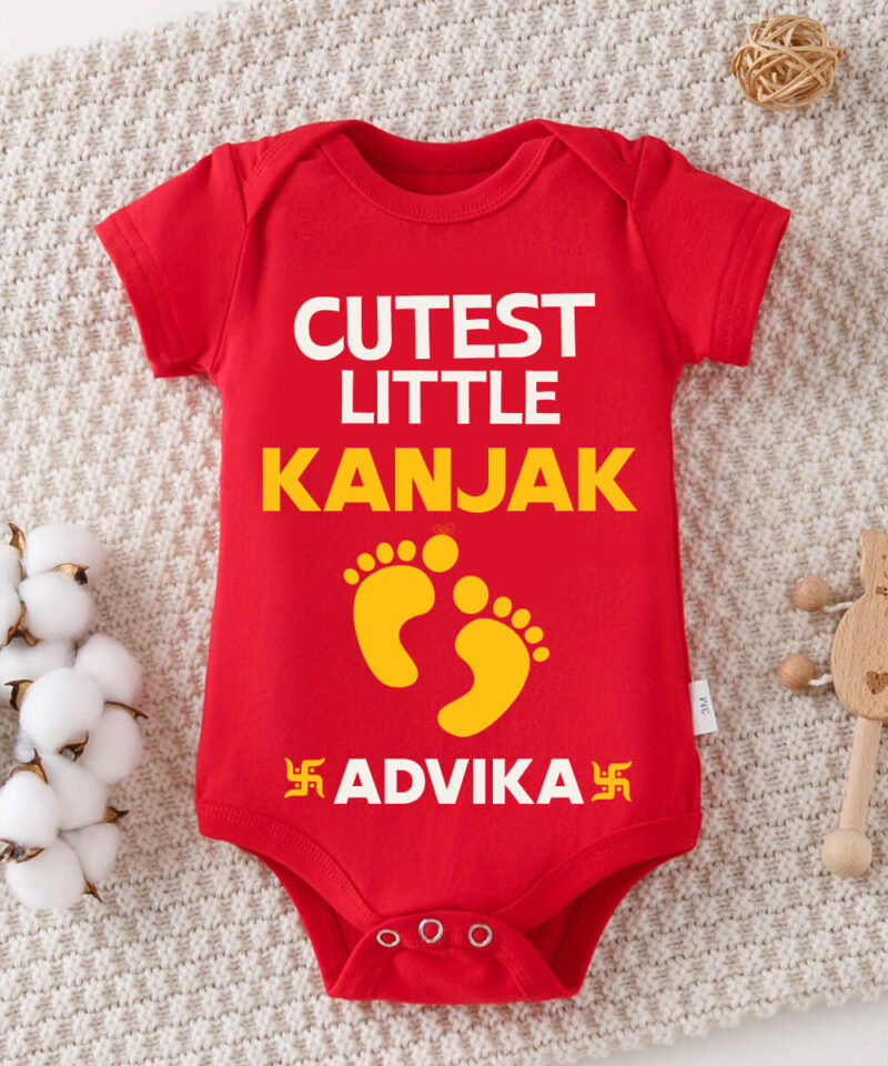 Red Infant romper with Cute Little Kanjak design for Navratri