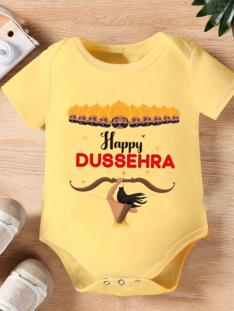 Cute newborn romper with My First Dussehra festive print