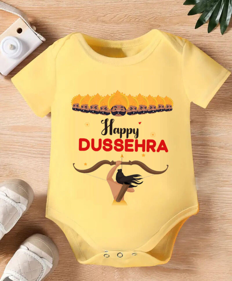 Cute newborn romper with My First Dussehra festive print