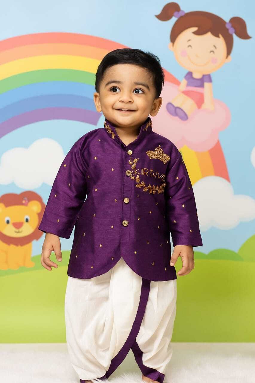 Baby Boy Purple Dhoti Kurta Set with Aari Embroidery, Raw Silk Traditional Outfit