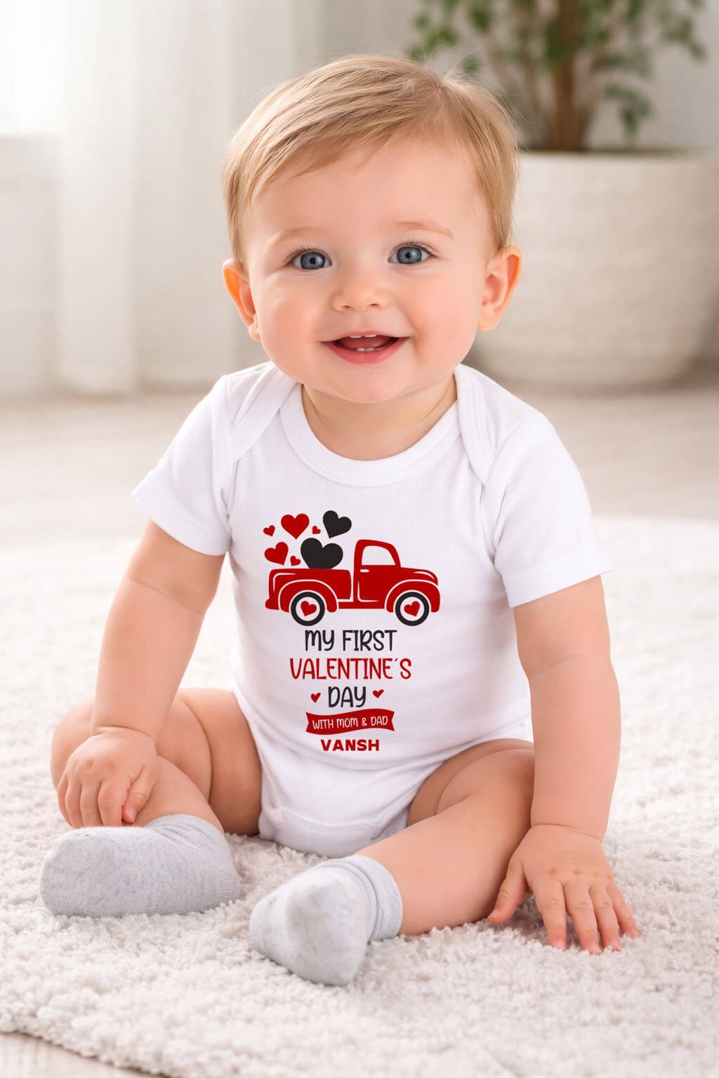 First Valentine’s Day baby romper personalized for newborn