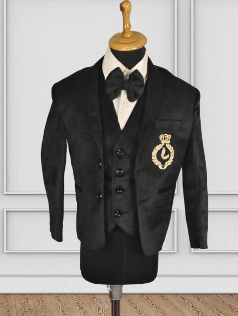 Black Velvet Baby Boy 1st Birthday Suit 5 Piece Outfit, Kids Black Velvet Tuxedo Suit