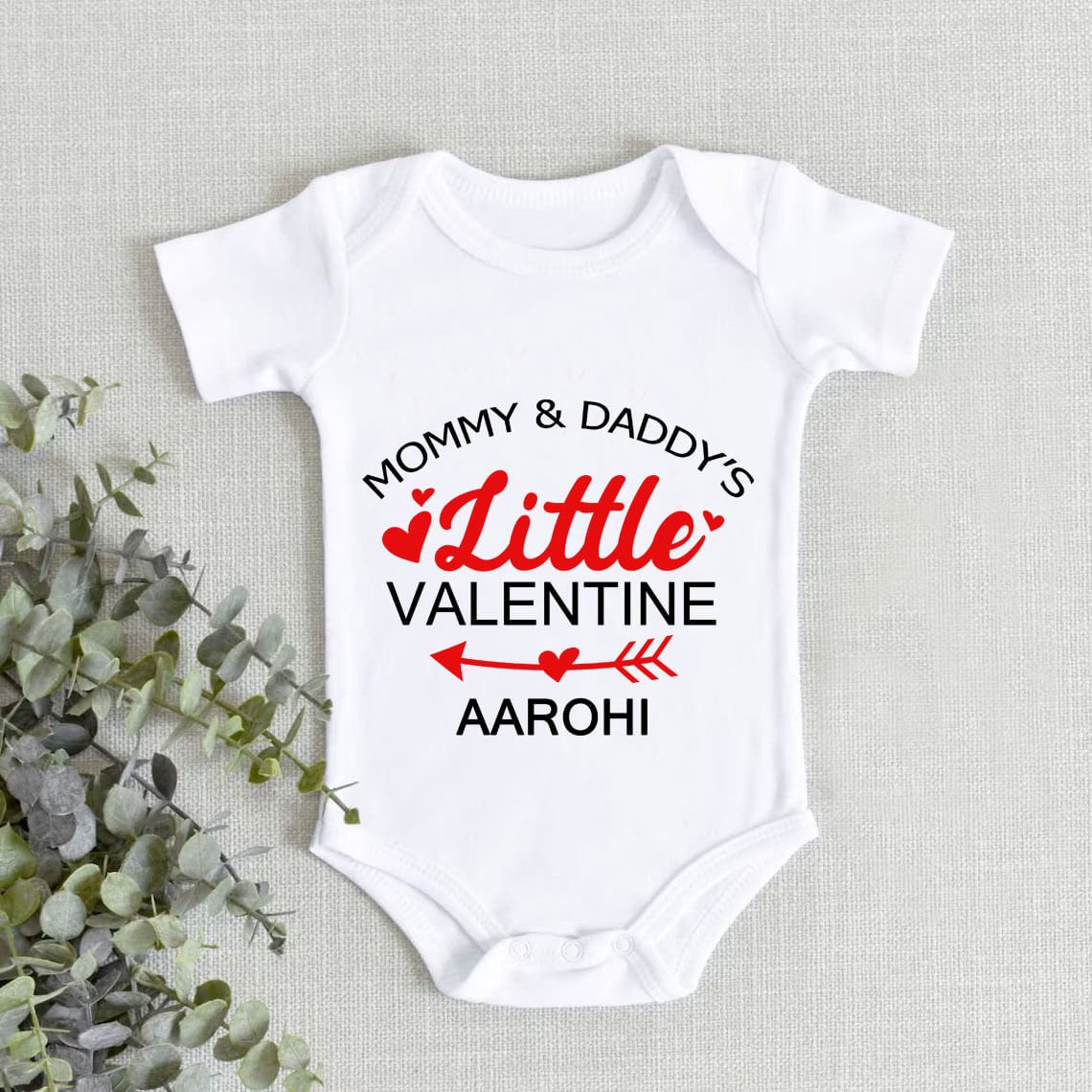 Valentine baby onesie outfit with mommy and daddy’s little valentine print